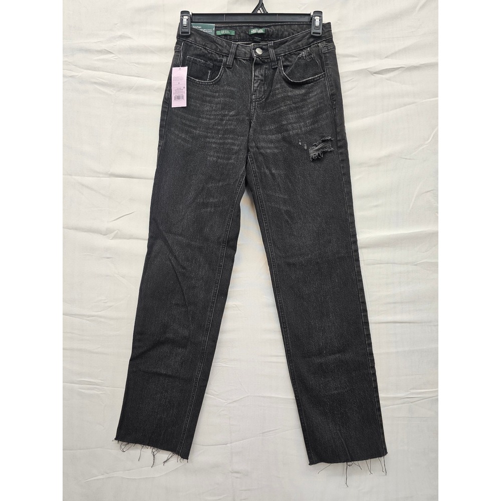 Wild Fable Womens Mid-Rise Straight Leg Jeans Black Wash Distressed Size 2 32L